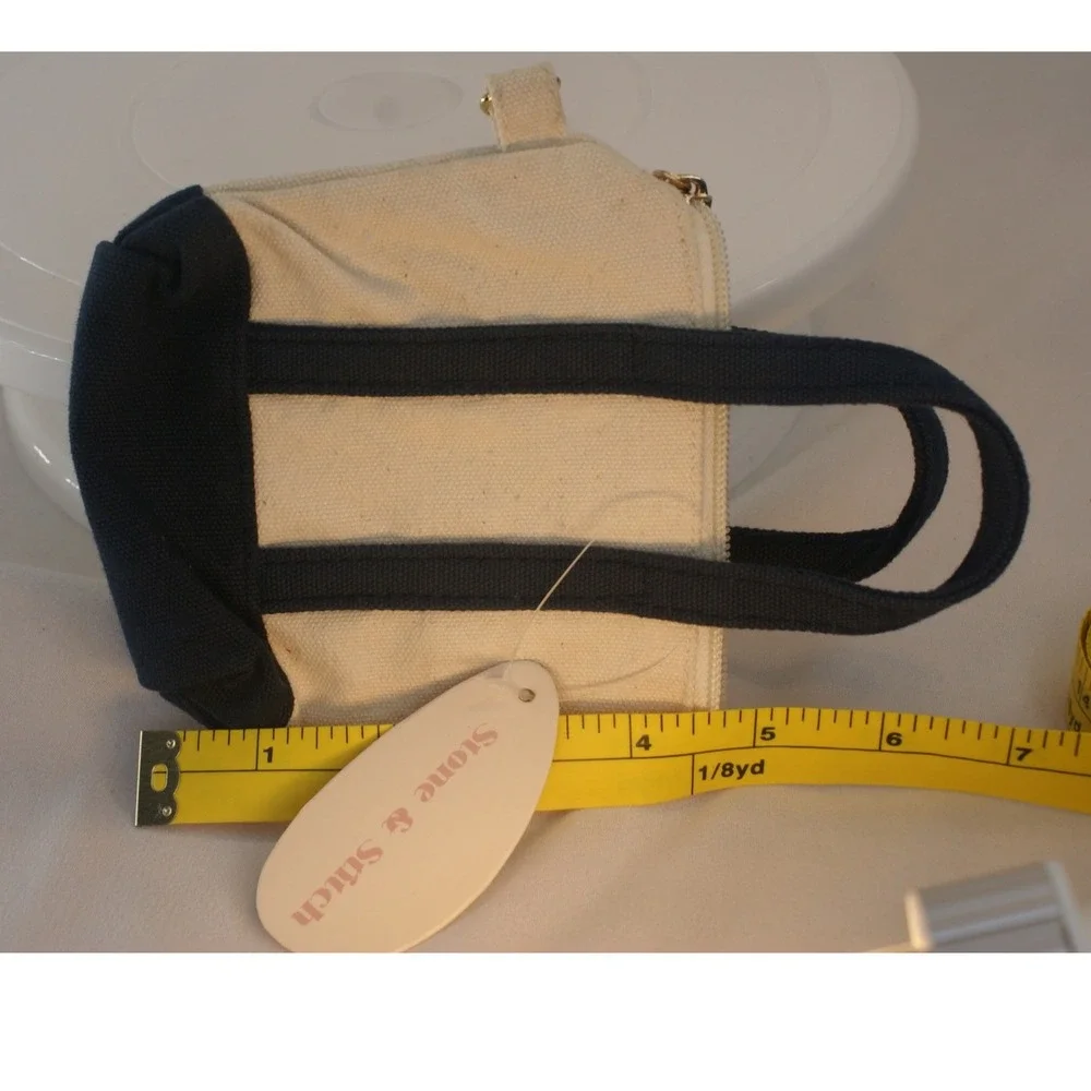 Stone &‎ Stitch Mini Canvas Tote Bag Keychain Pouch Cream Navy Blue Zippered